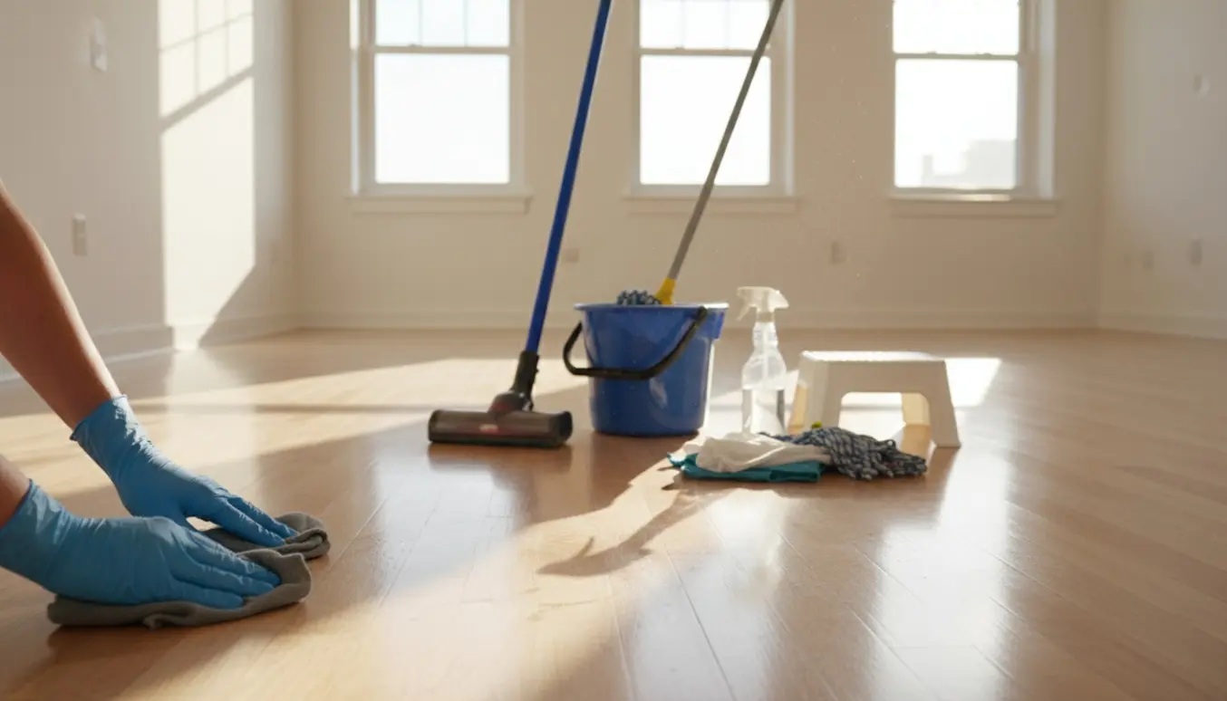 Fraflytningsrengøring i en tom, umøbleret lejlighed med handsker og rengøringsudstyr i dagslys.