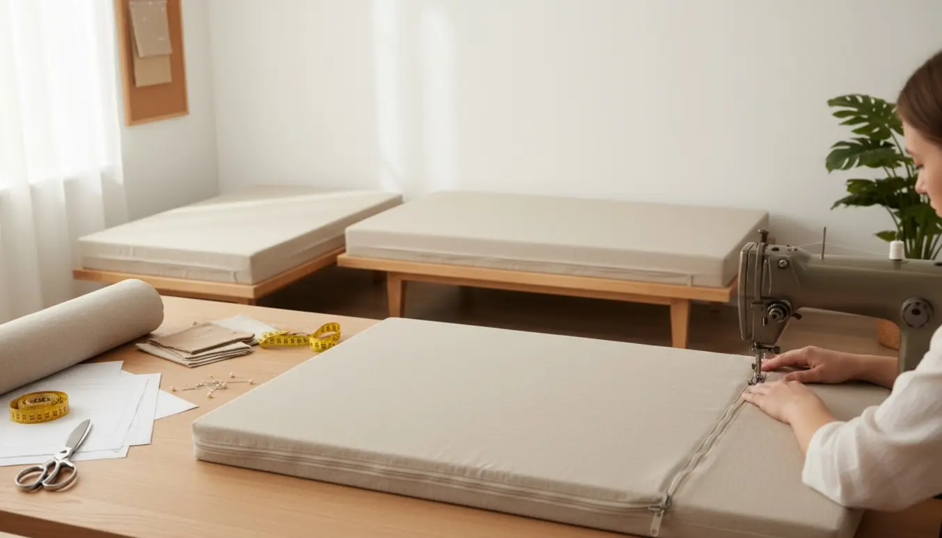 Lyst syværksted med hænder, beige betræk til daybed, lynlås og symaskine i arbejde.