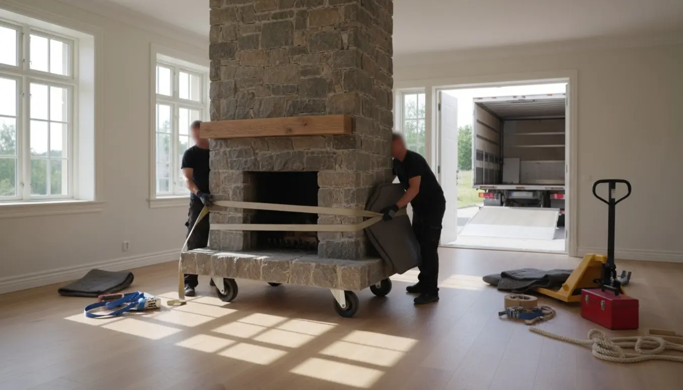 Tung stenpejs løftes forsigtigt på en dolly gennem en åben dør mod en parkeret flyttebil.