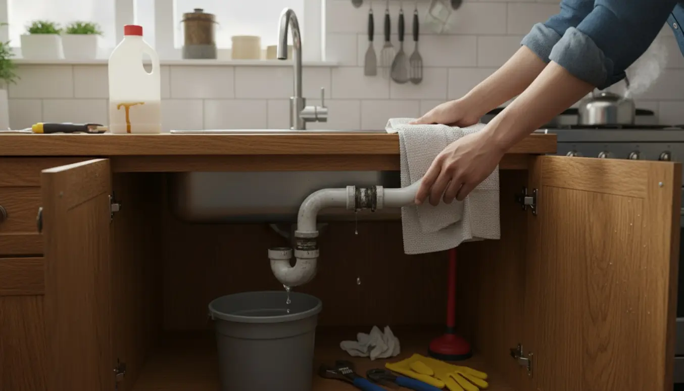 Åbent køkkenskab under en vask med fjernet S-bøjning, spand, værktøj og handsker klar til reparation.