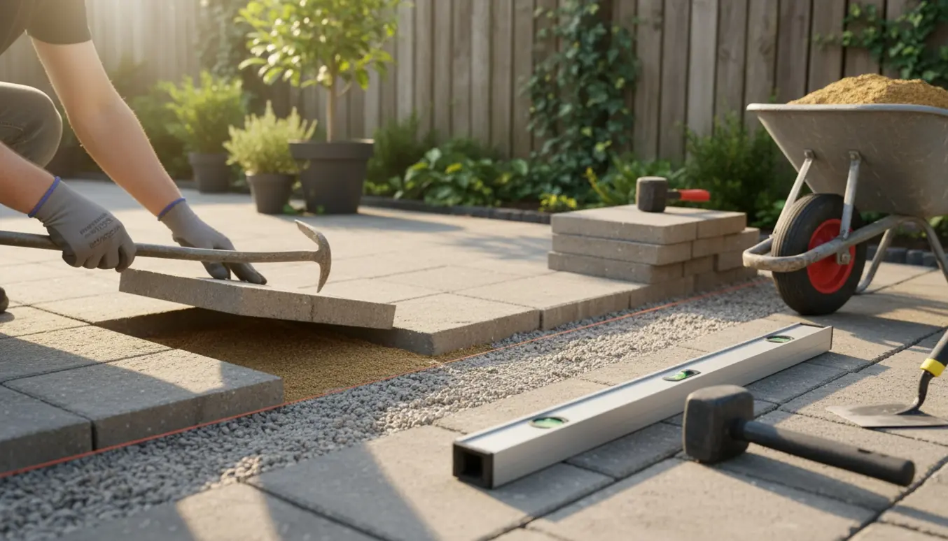 Nærbillede af relægning af fliser på en lille terrasse med værktøj, sand og stabler af fliser.