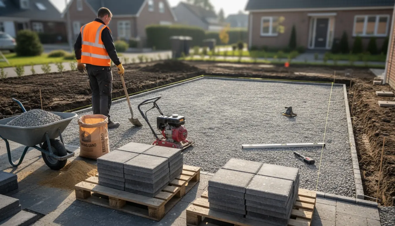 Forhave klargjort til nye fliser med udgravet underlag, grus, værktøj og stabler af fliser.