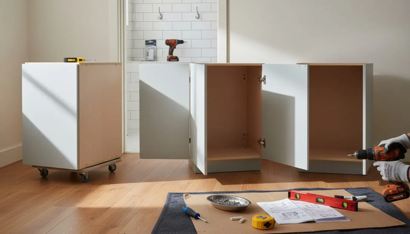 Tre skabsmoduler i skandinavisk stil under flytning og genopbygning med nye låger og to netop monterede knager på badeværelsesfliser.