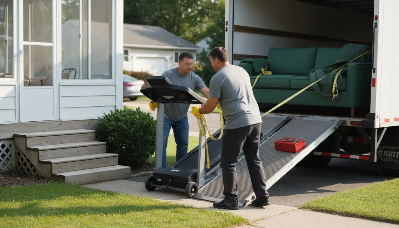 Flyttefolk laster en 2,5 m sofa og et tungt løbebånd ind i en flyttebil med tæpper og stropper, ansigter skjult.
