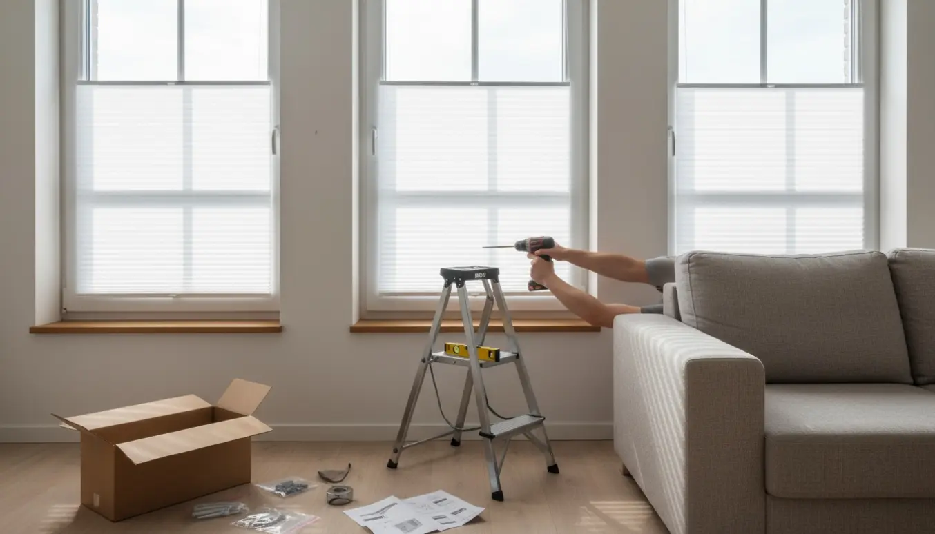 Hænder monterer plisségardin i midten af tre vinduer, med værktøj og to færdigmonterede gardiner ved siden af.