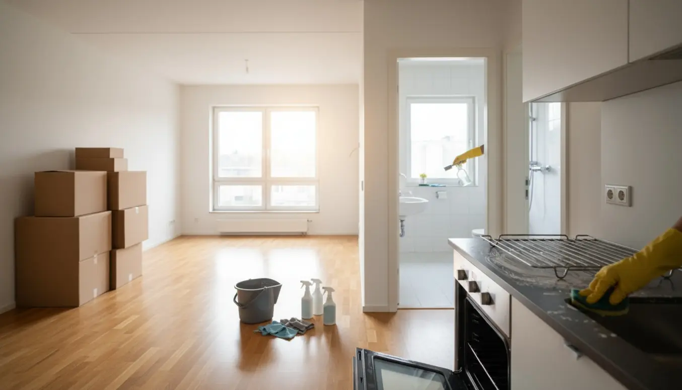 Soloplyst lejlighed under flytterengøring med handsker, åben ovn, flyttekasser og afkalket badeværelse.