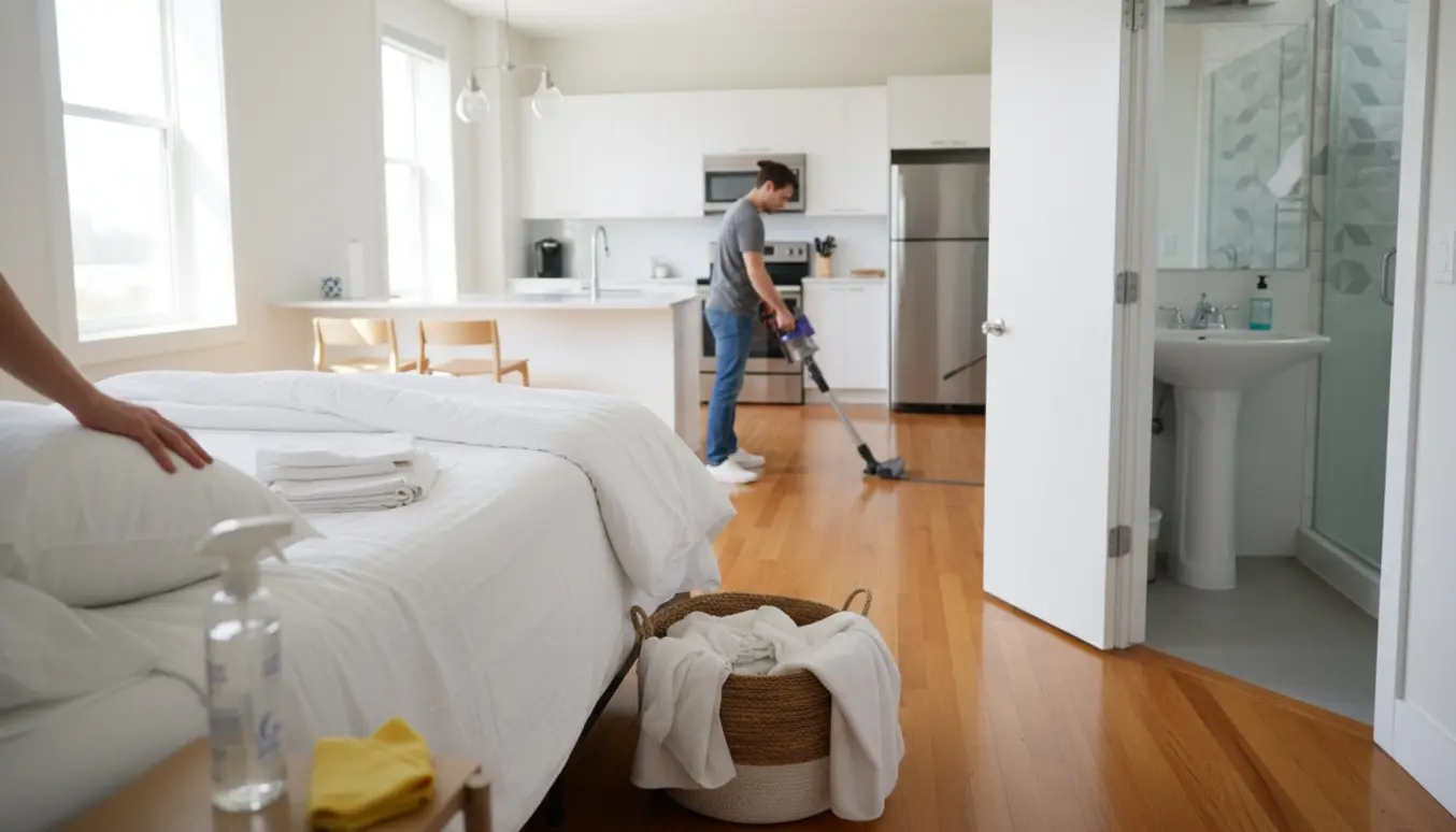 Klargøring af Airbnb-lejlighed med nyopredt seng, friske lagner og støvsugning.
