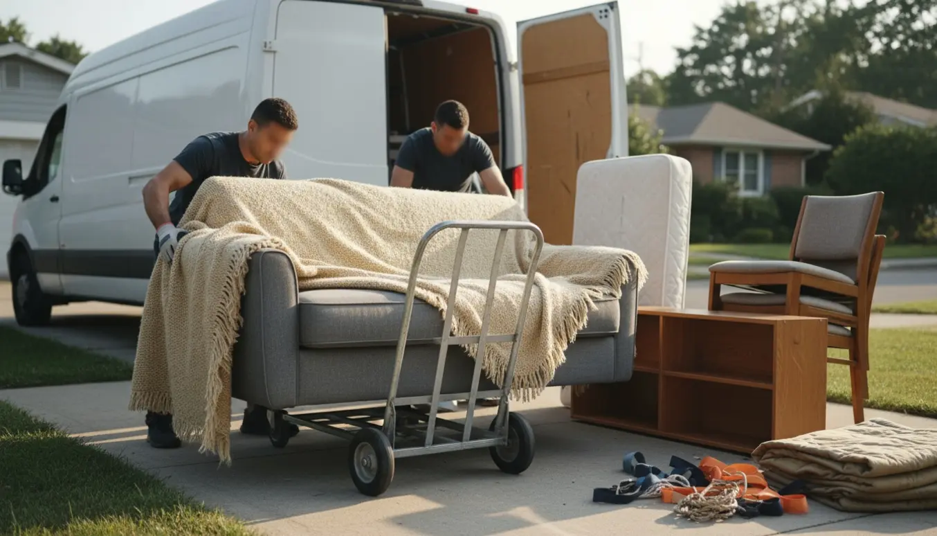 Flyttefolk læsser forskelligt møbelgods ind i en varevogn på en indkørsel.