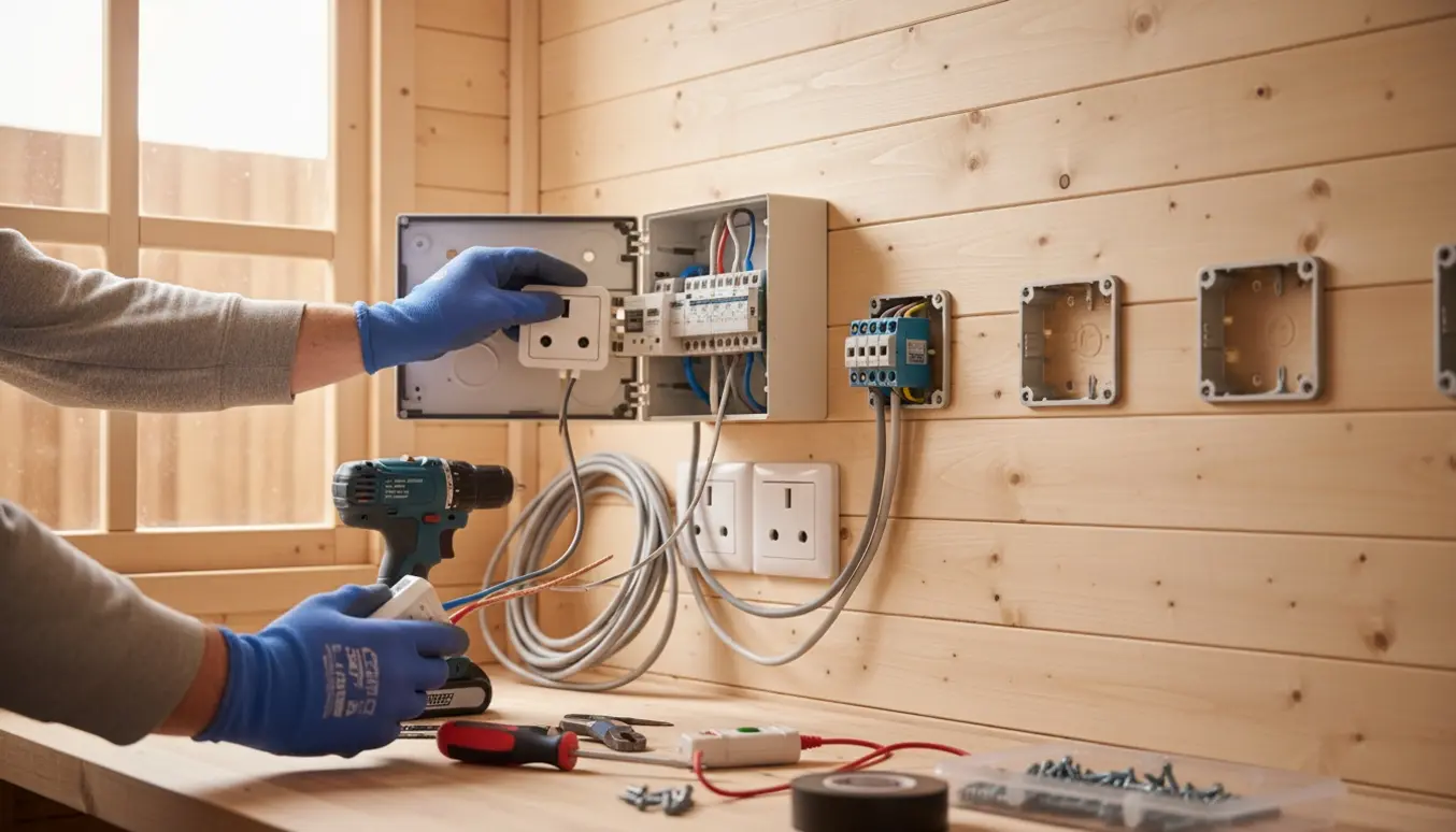 Nærbillede af hænder, der monterer to dobbelte stikkontakter og udskifter en fejlstrømsafbryder i et nyt træskur.