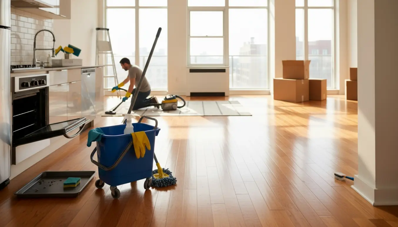 Tom lejlighed med rengøringsudstyr og en rengører i handsker, der vasker køkkenbordet i sollys.