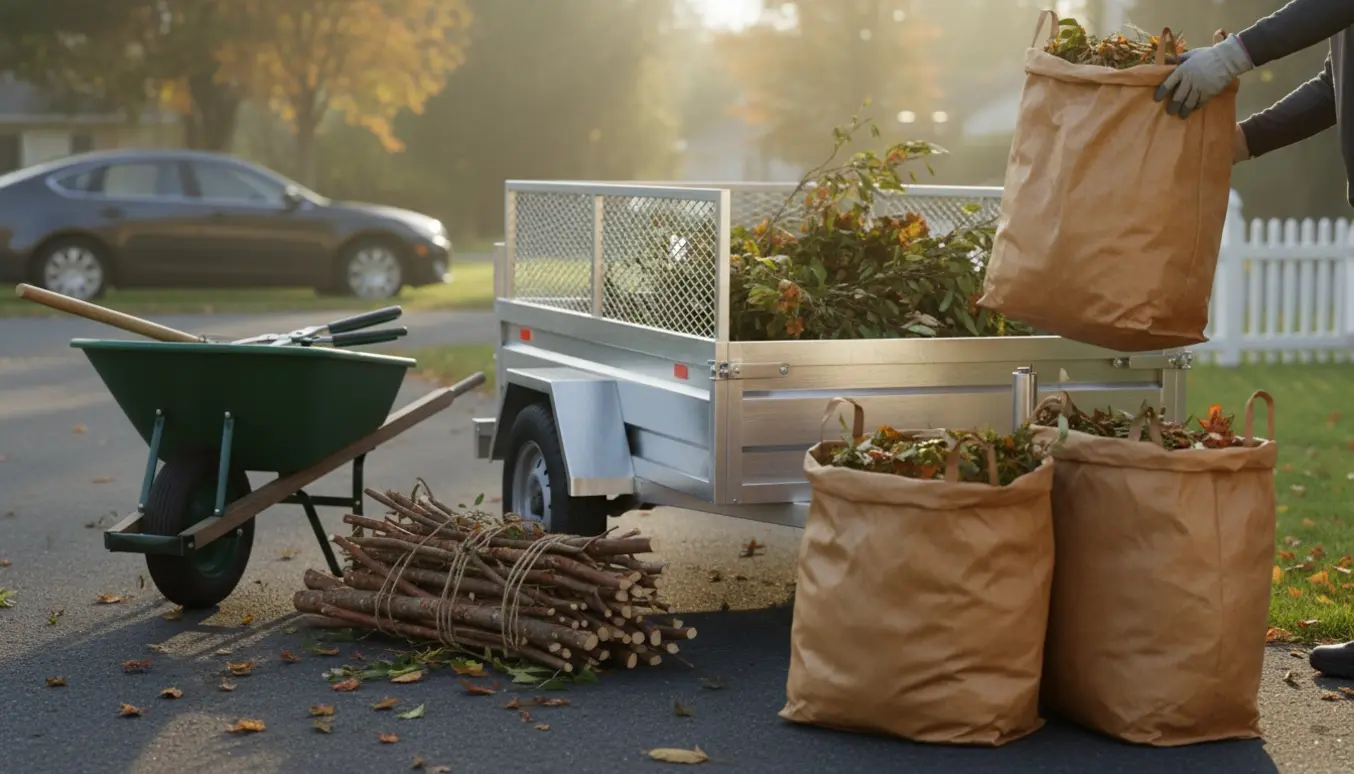 Affaldssække og bundter af beskårne grene læsses i en åben trailer ved indkørsel til genbrug.