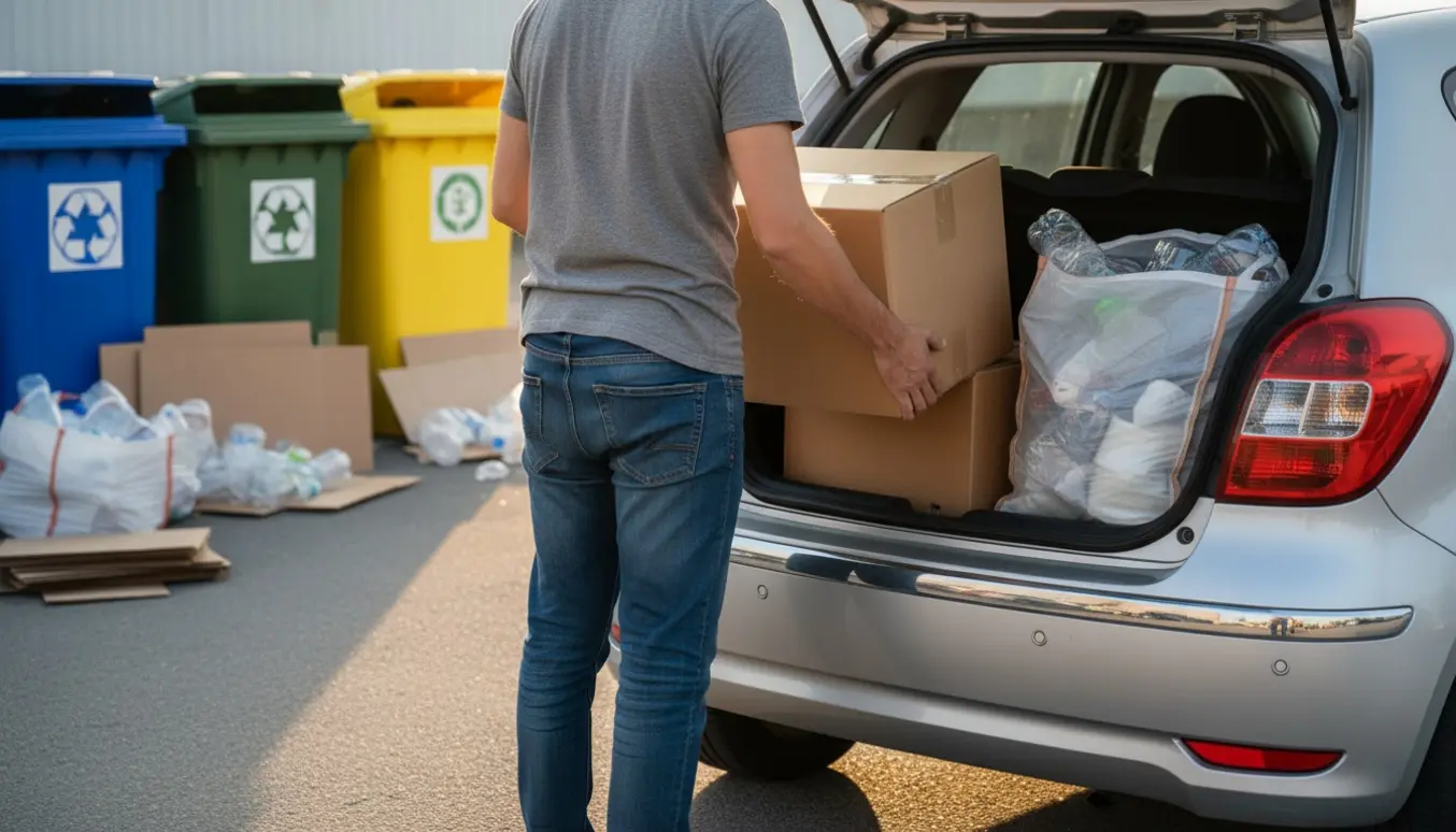 Person læsser to kasser med pap og plastik ind i bagagerummet ved en genbrugsstation.