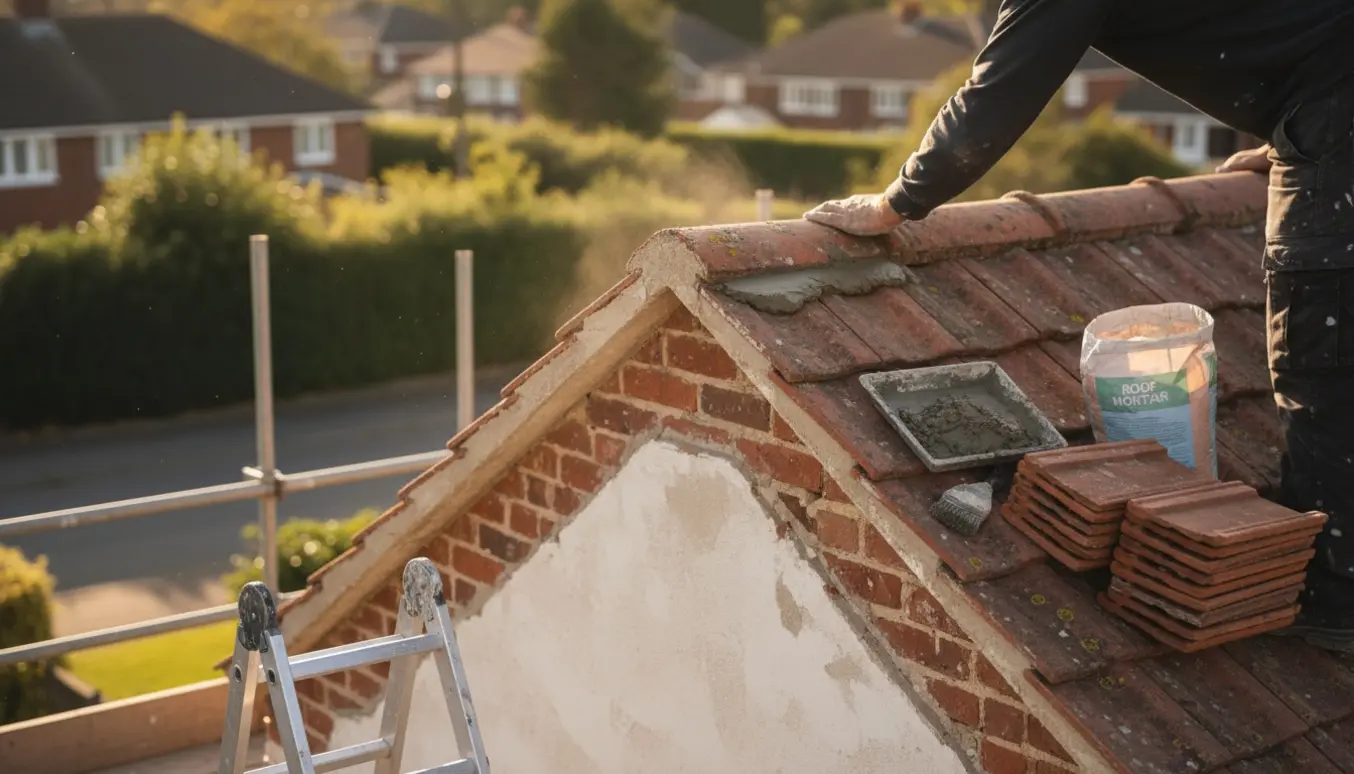 Håndværker reparerer tagryg og sikrer løse teglsten ved en gavl, ansigtet er ikke synligt.