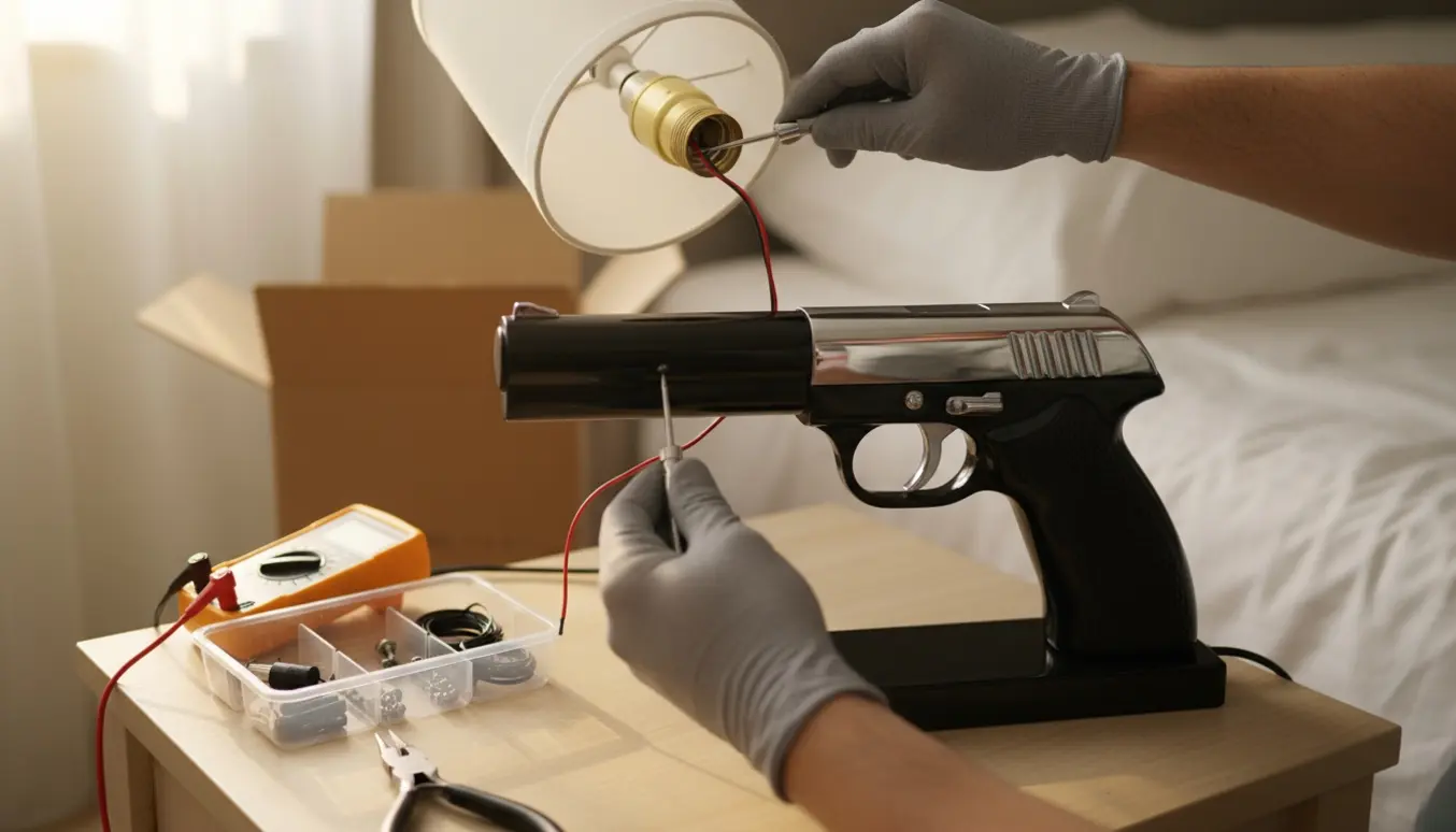 Hænder reparerer en moderne pistol-formet sengelampe på et natbord med værktøj og løs lampskærm.