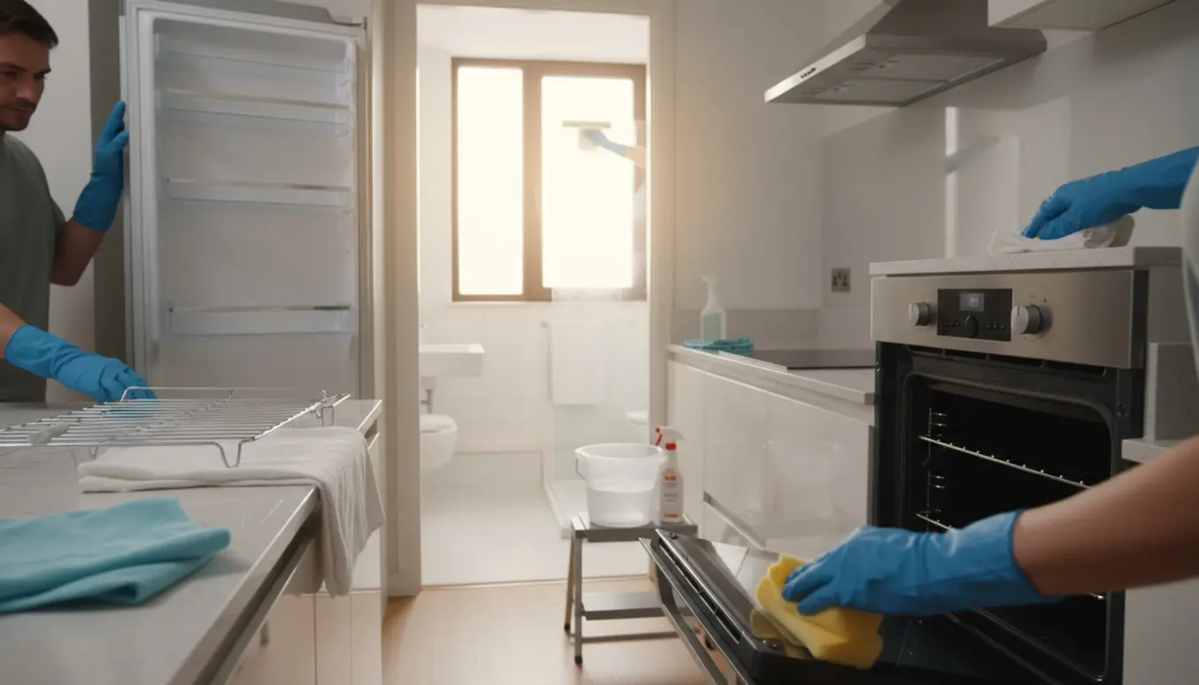 Rengøringsscene i lejlighed med handsker, åben ovn, pudsning af vindue og skinnende køleskab.
