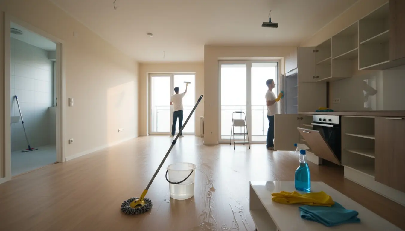 Tom lejlighed under flytterengøring med rengøringsudstyr og en person, der tørrer et vindue af.