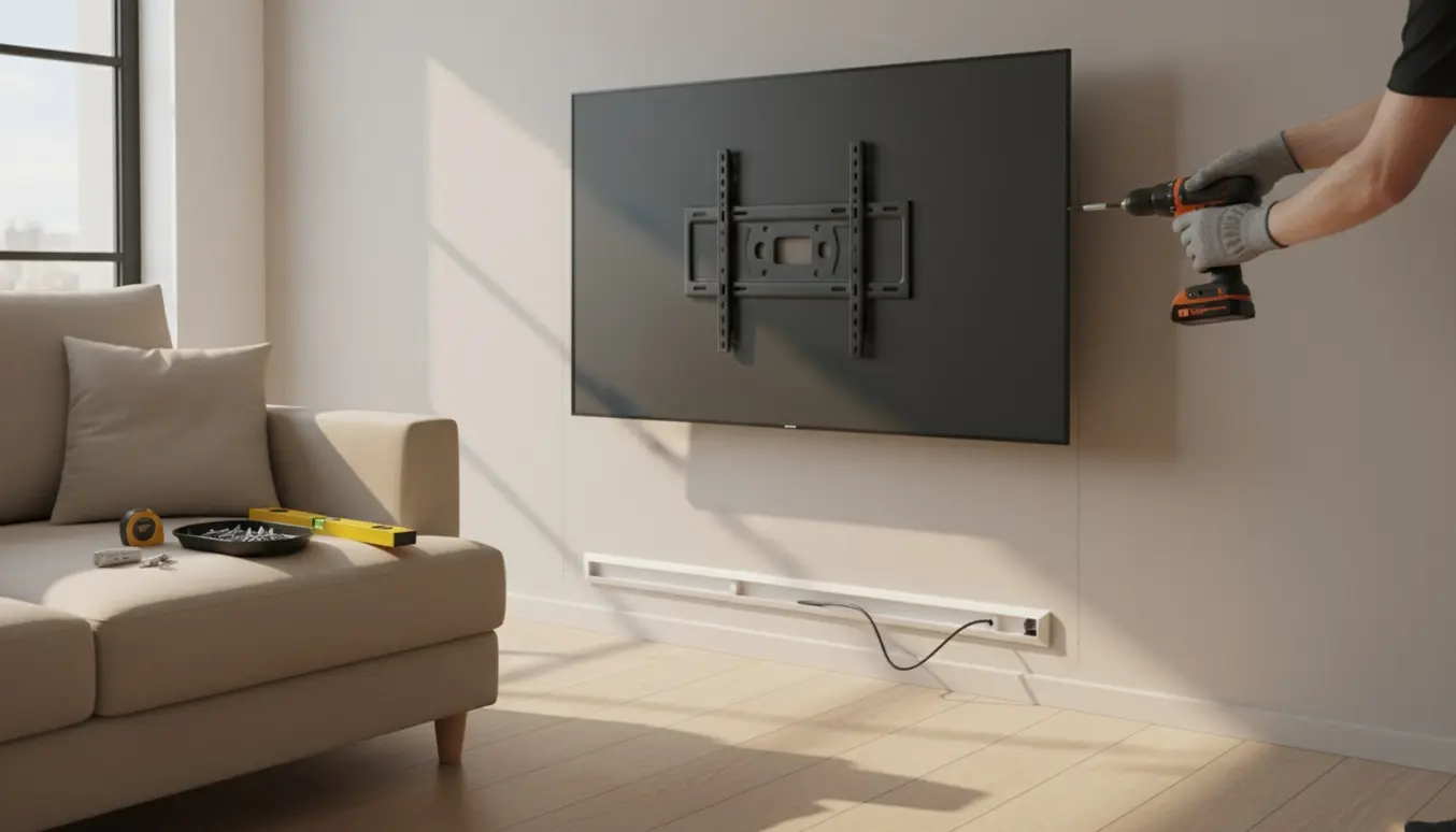 Hænder monterer et 55-tommer TV på væggen i en lys, moderne stue med værktøj og skruer klar.