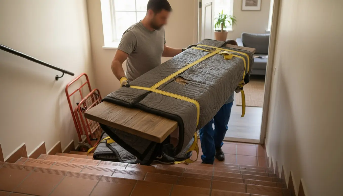 To flyttemænd bærer en lang træbænk op ad trappen mod en åben lejlighedsdør.