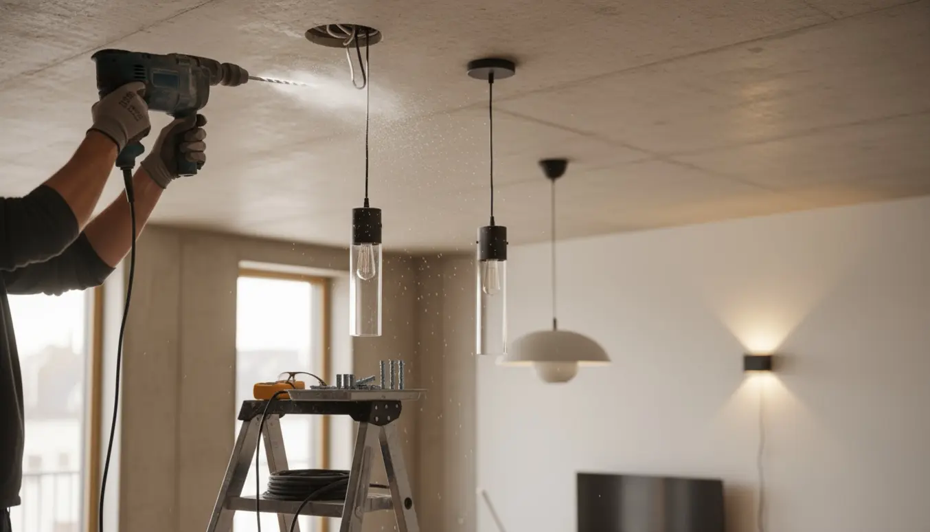 Elektriker monterer loftslamper i betonloft med en kraftig slagboremaskine.