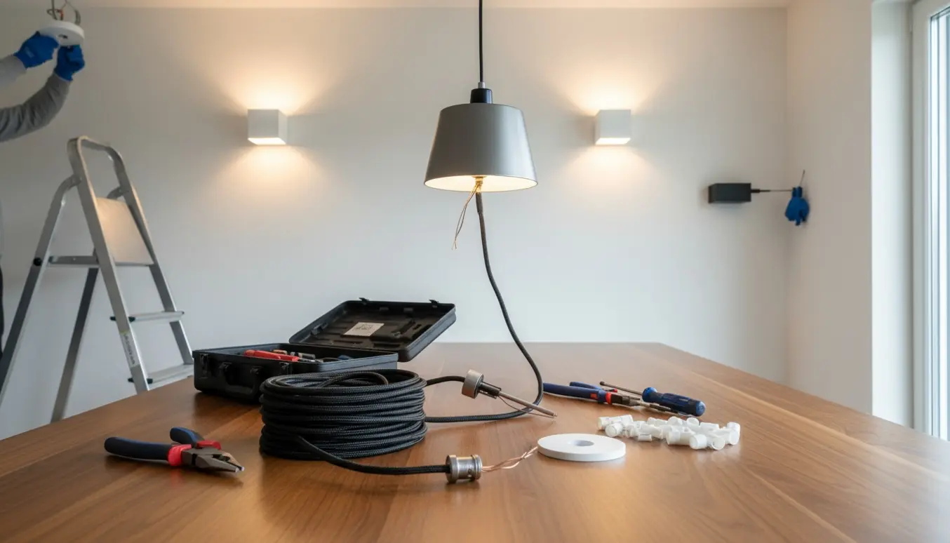 Montage af fire lamper i en lys stue med værktøj og en delvist samlet pendel over spisebordet.