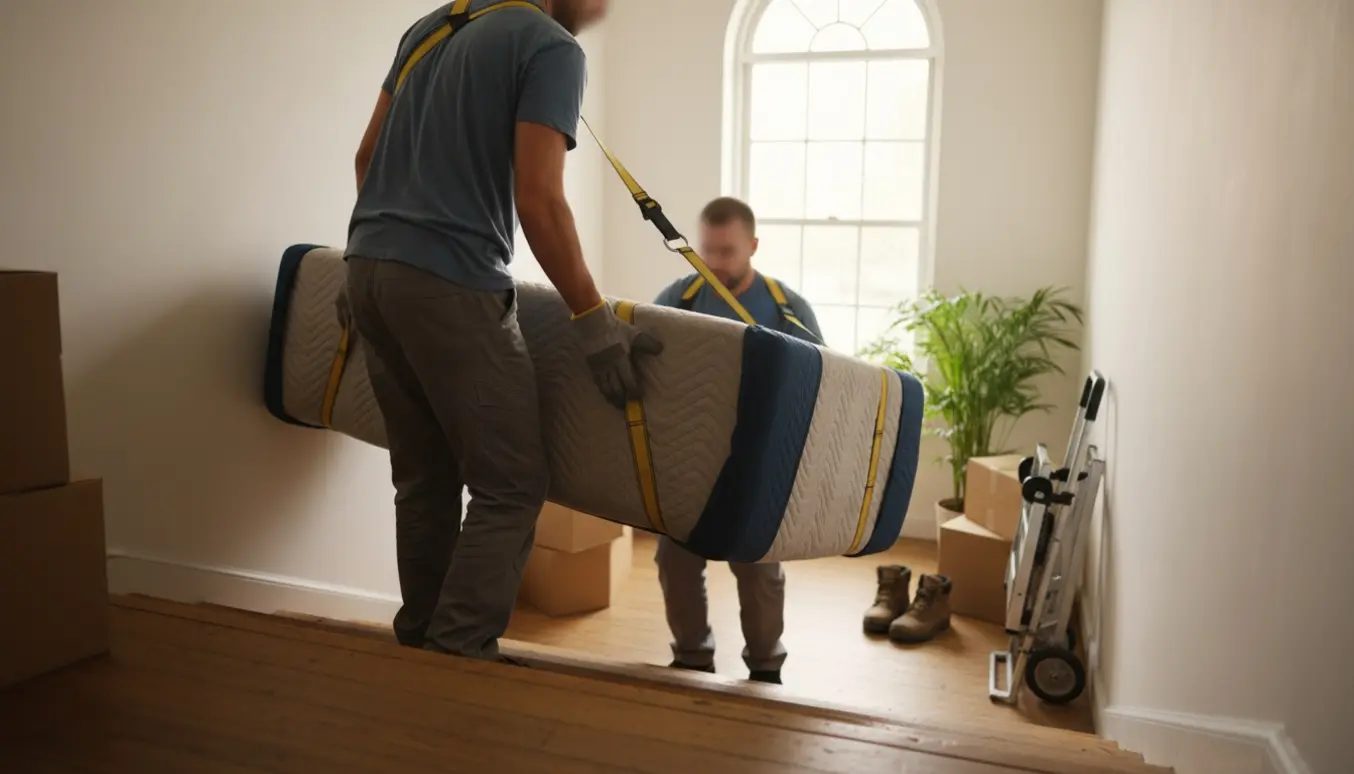 To personer bærer en indpakket sofa op ad en opgangstrappe i blødt dagslys.