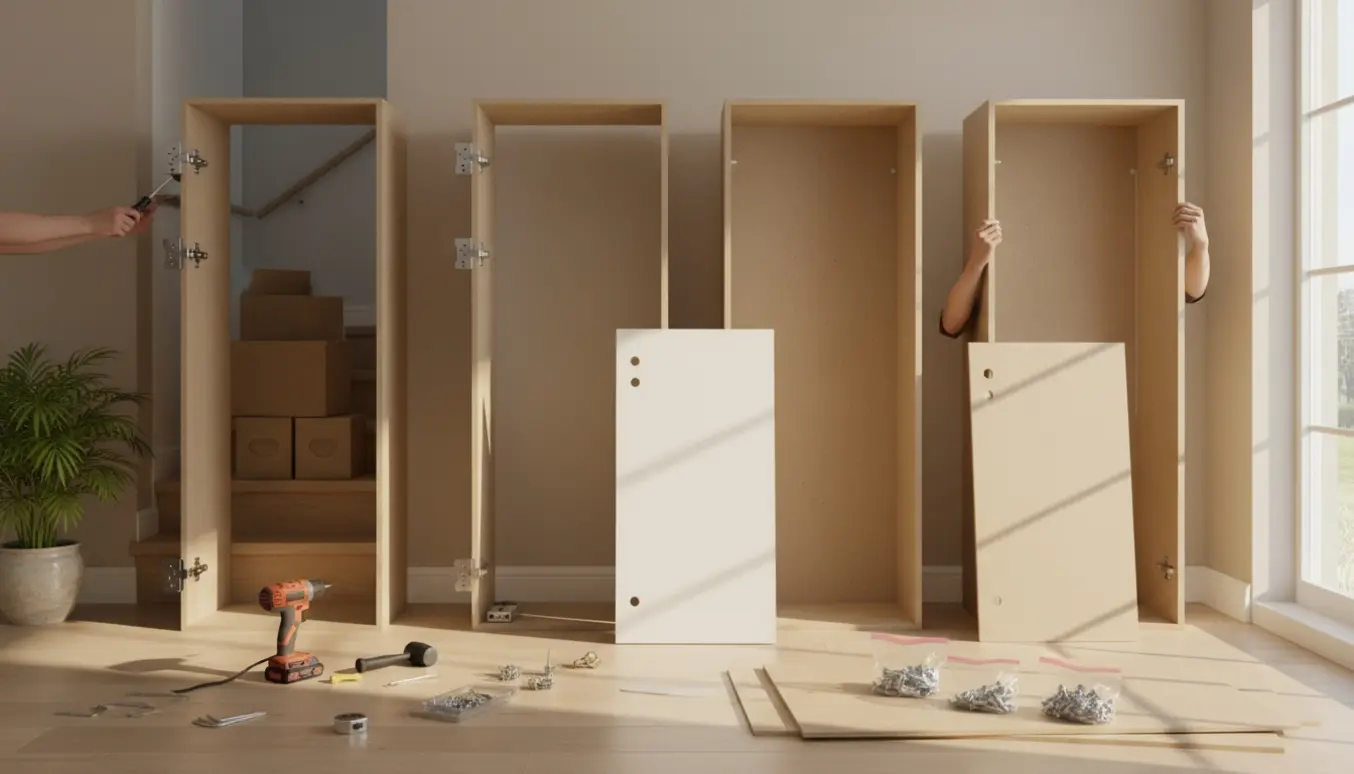 Tre flade pakkede skabe under samling i en lys stue med værktøj og bagbeklædninger klar.