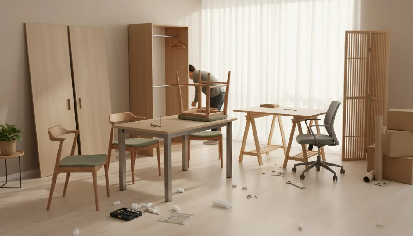 Delvist samlet spisebord med fire stole, værktøj og uåbnede møbelkasser i en lys stue.