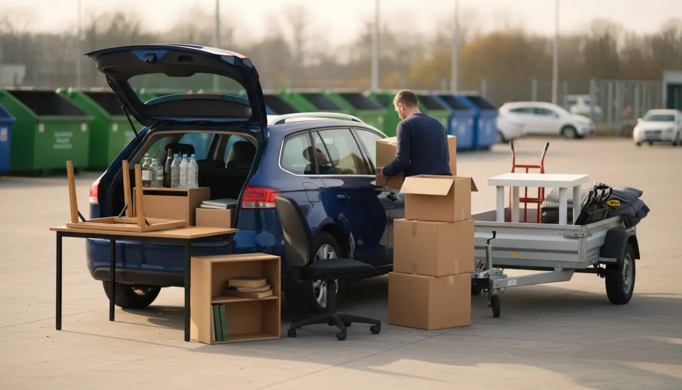 Åben bagagerum ved en genbrugsplads med nedtaget skrivebord, lille reol, kontorstol og flyttekasser klar til aflevering.