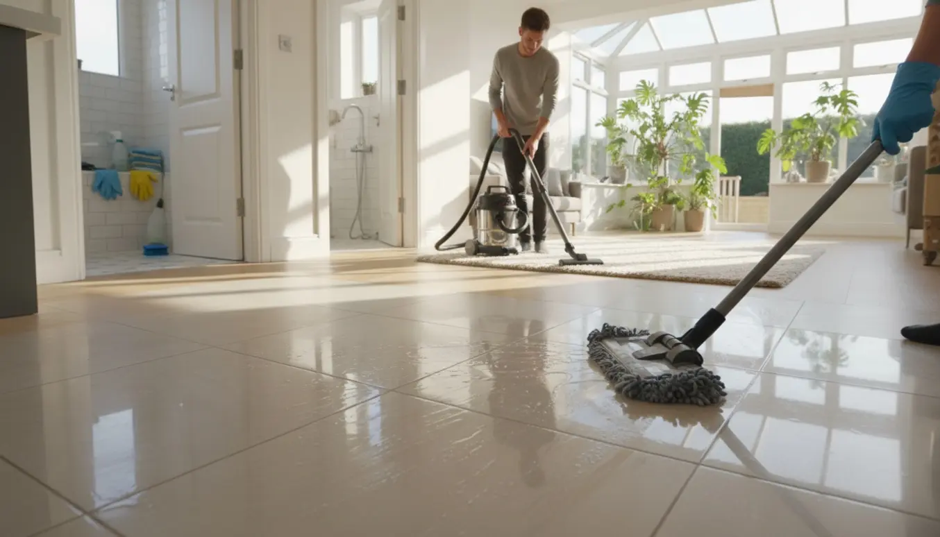 Solbelyst hjem under rengøring med moppede køkkengulve, støvsugning i stuen og aftørring af udestue.