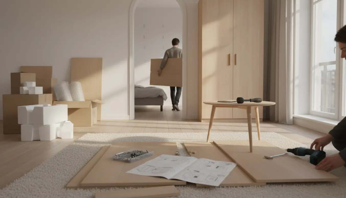 Hænder samler et lille fladtpakket klædeskab i en lys stue med værktøj og emballage ved siden af.