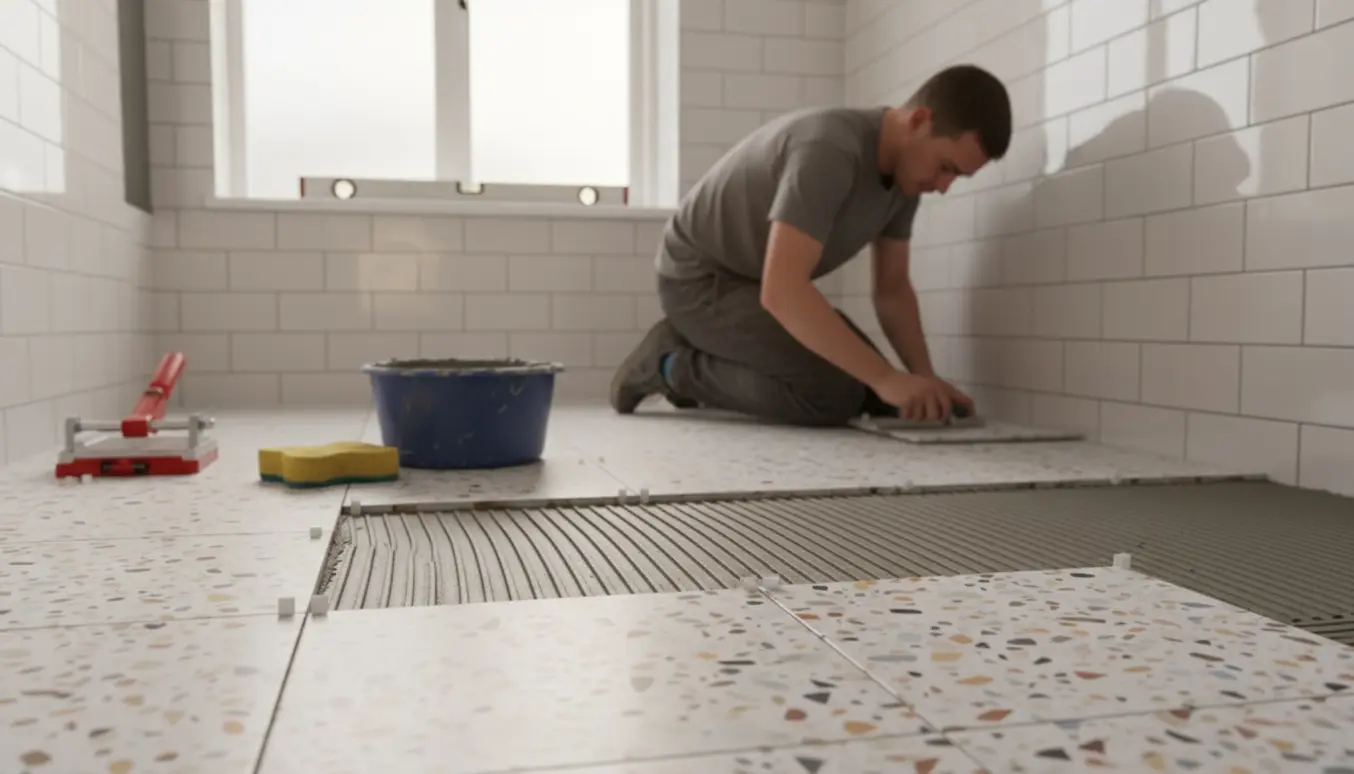 Person lægger terrazzo-gulvflise i et lille badeværelse med delvist færdige hvide vægfliser.