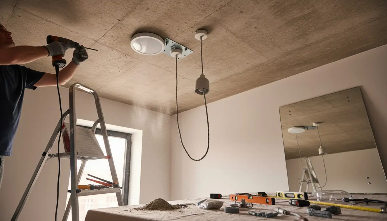Hænder monterer loftslampe og pendel i et betonloft, mens et spejl står klar til ophæng.