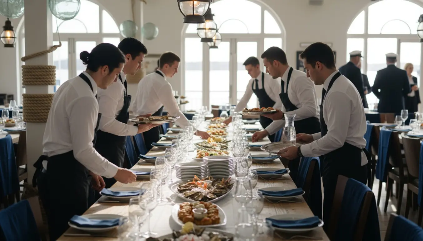 Serveringspersonale forbereder langborde til en nautisk fest i et lyst selskabslokale.