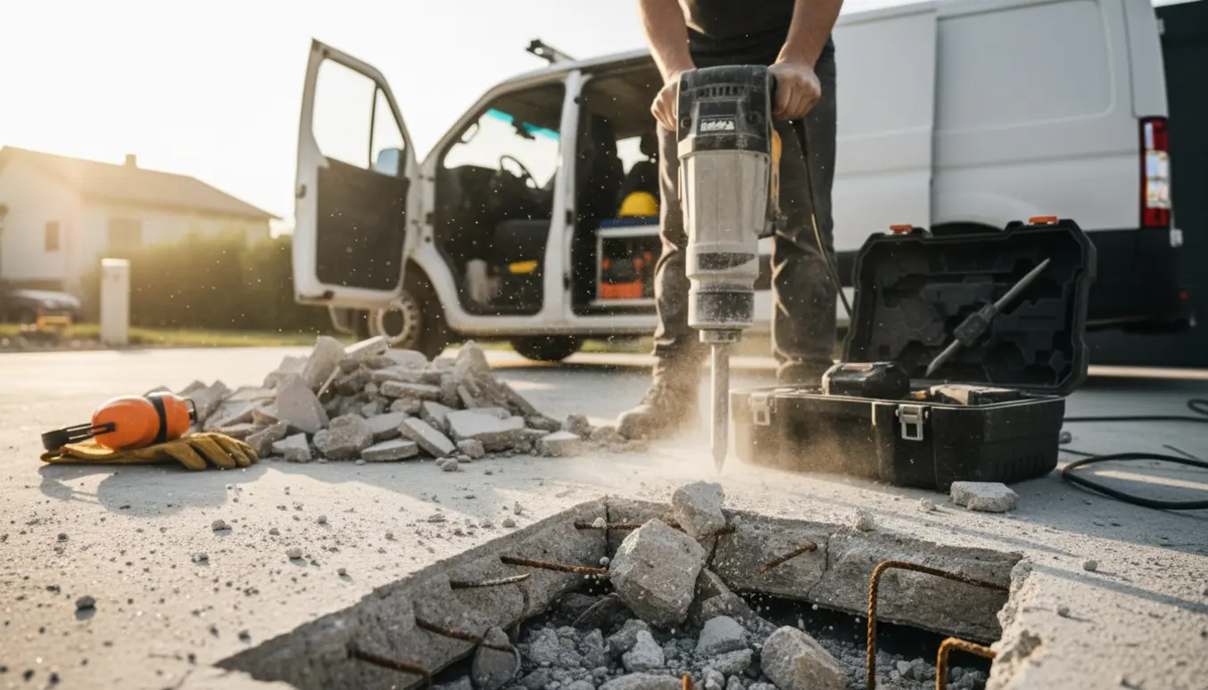 Nedbrydningshammer bider i et betondæk med værktøj og en åben udlejningsvogn i baggrunden.