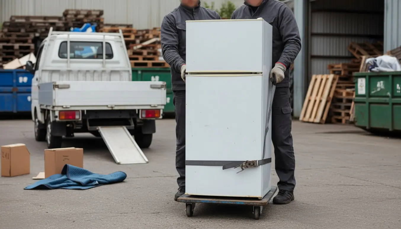 Et brugt kølefryseskab på en håndvogn ved en genbrugsstation, klar til afhentning.