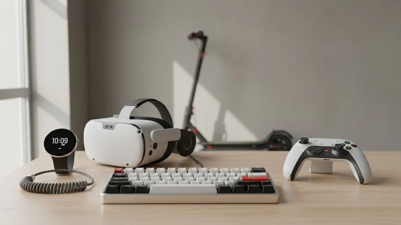 Oversigt over elektroniske gadgets: tastatur, controller, VR-headset, smartwatch og el-løbehjul.