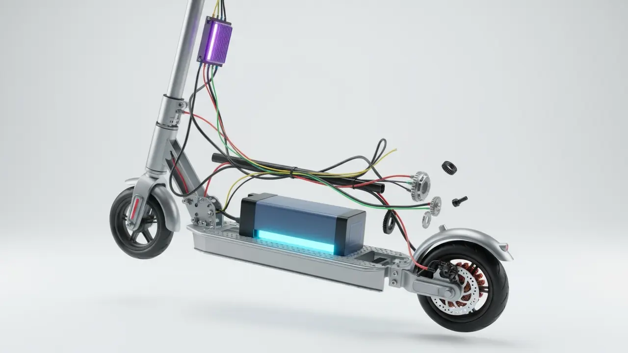 Tværsnit af el-løbehjul med synligt batteri i fodpladen, hub-motor i hjul og controller i stangen.