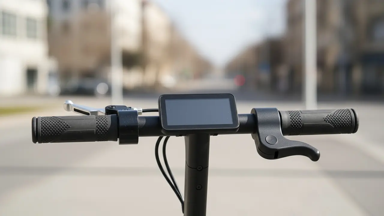 Nærbillede af styret på et el-løbehjul med tommelfinger-gashåndtag, bremsegreb og display.