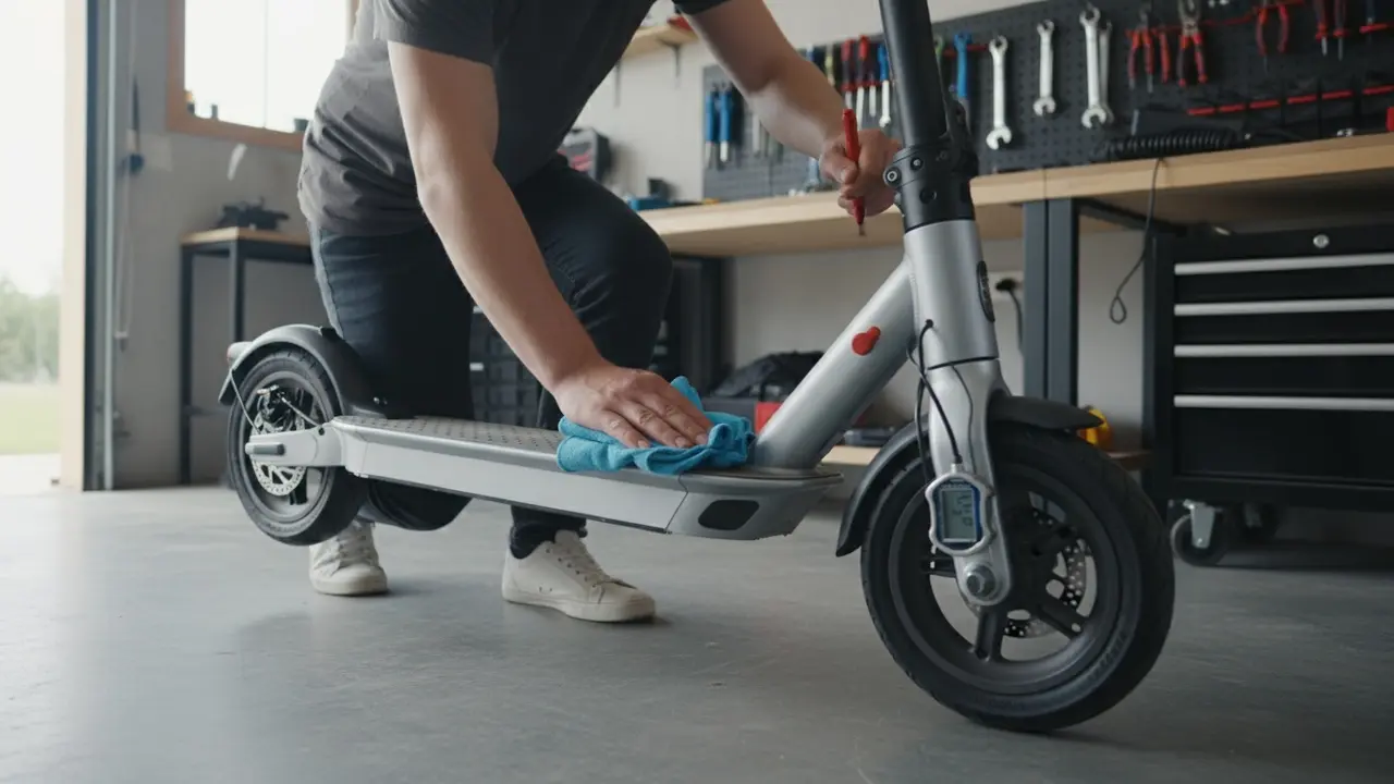 Vedligeholdelse af el-løbehjul: oppumpning af dæk, aftørring og efterspænding af bolte.