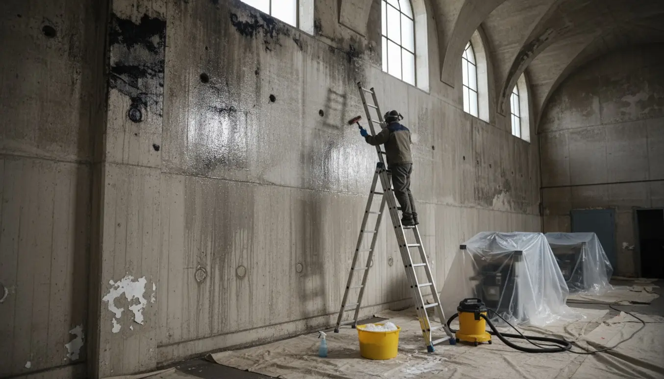 Håndværker i åndedrætsværn skurer skimmel af øvre betonvægge og loft i et industrilokale.