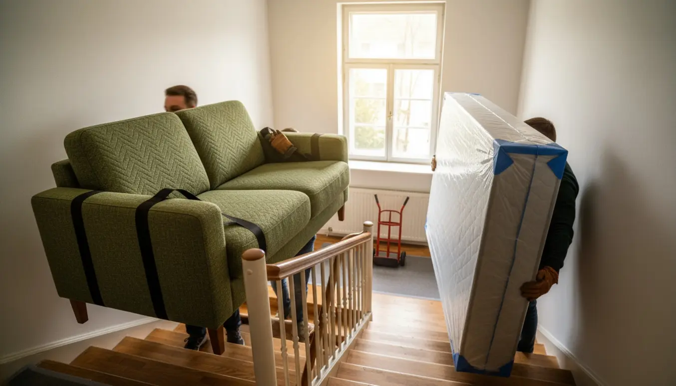 Flyttefolk bærer en lille sofa ned ad en trappe, mens en indpakket boxmadras bæres op på modsatte side.