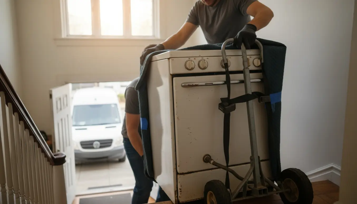 To personer bærer et gammelt komfur ned ad en trappe mod en ventende uidentificeret varevogn.