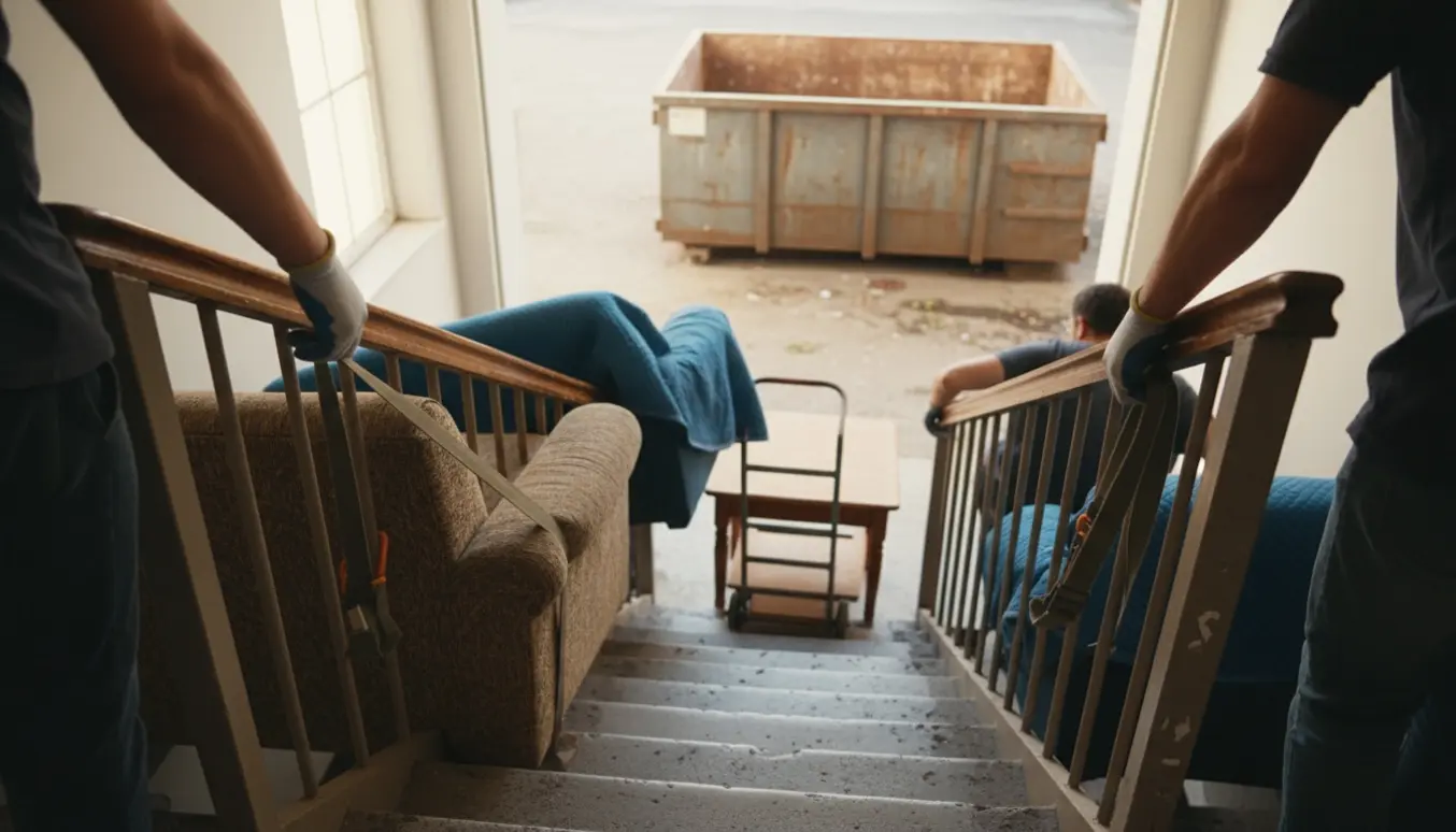 To personer bærer to sofaer og to borde ned ad trappen mod gårdens store renovationscontainer.