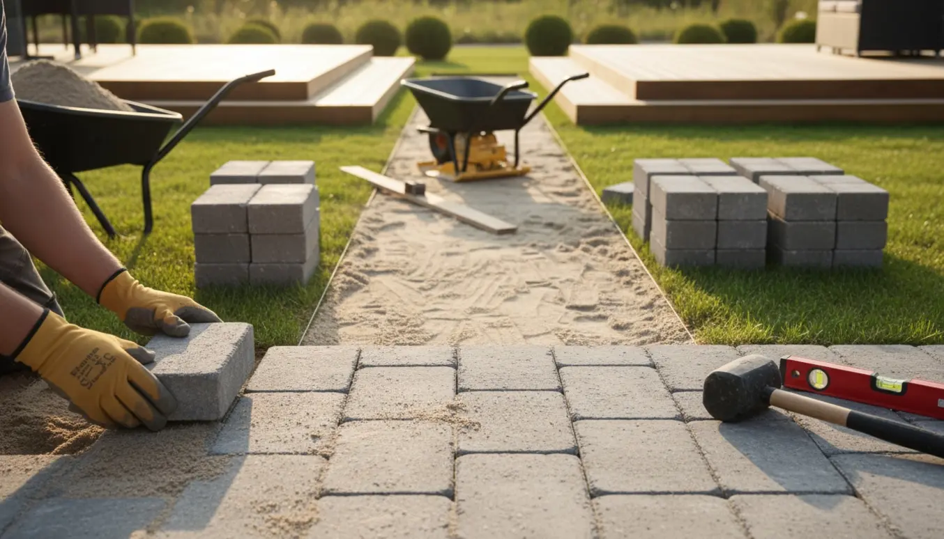 Delvist færdig flisegang af herregårdssten mellem to terrasser med værktøj og sand.
