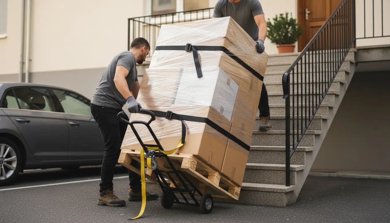 To personer bærer indholdet af en euro-palle op ad en udendørs trappe mod anden sal.