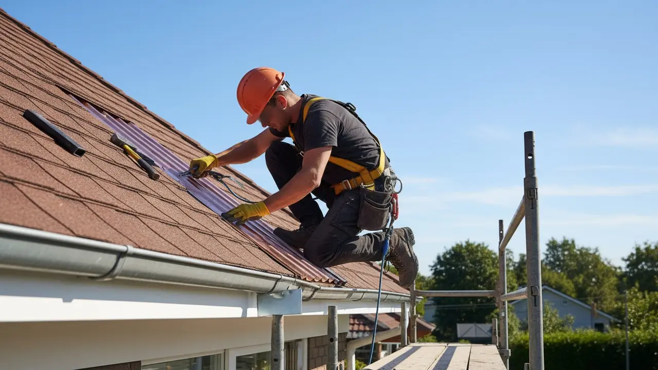 Blikkenslager på tag, monterer metalinddækning og inspicerer tagrende