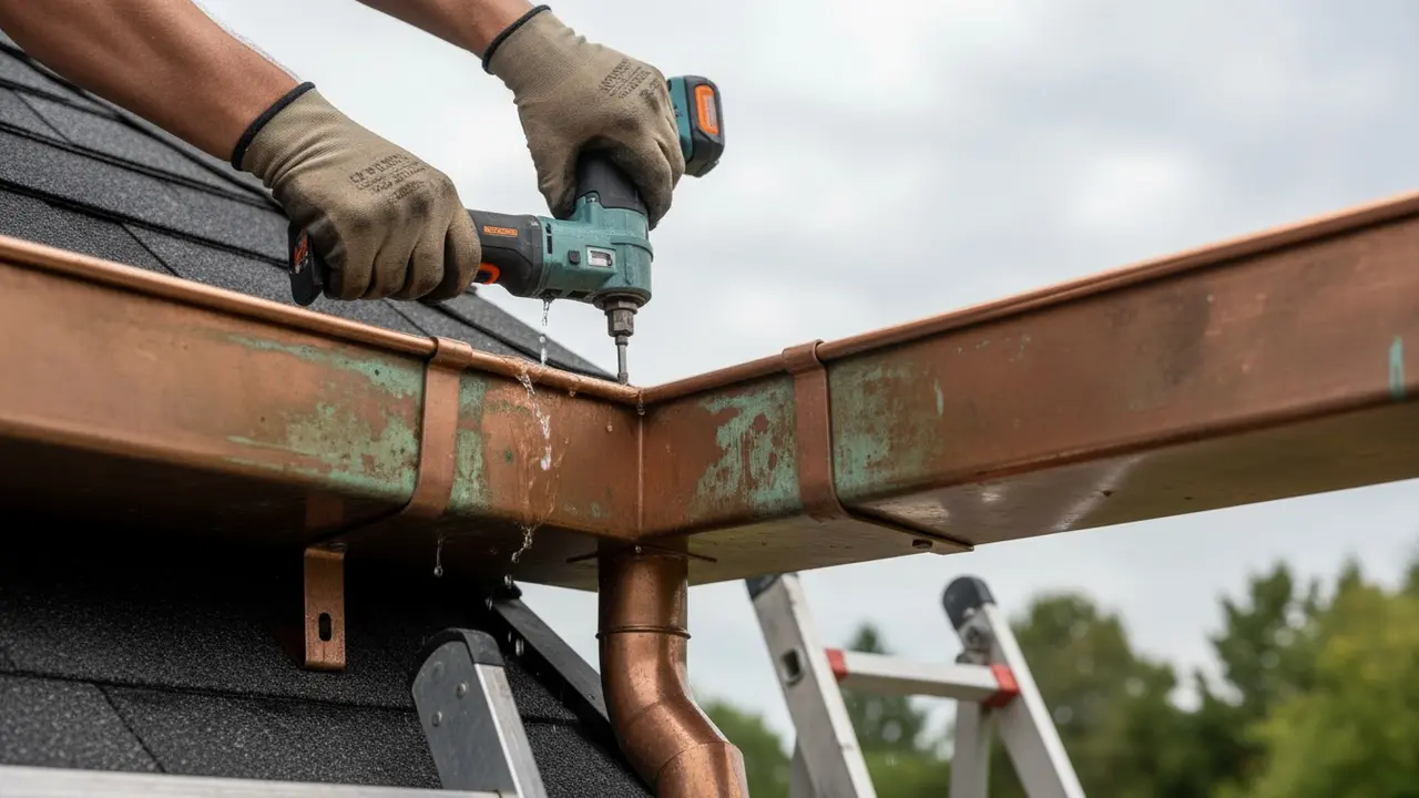 Nærbillede af montering af metaltagrende og nedløbsrør