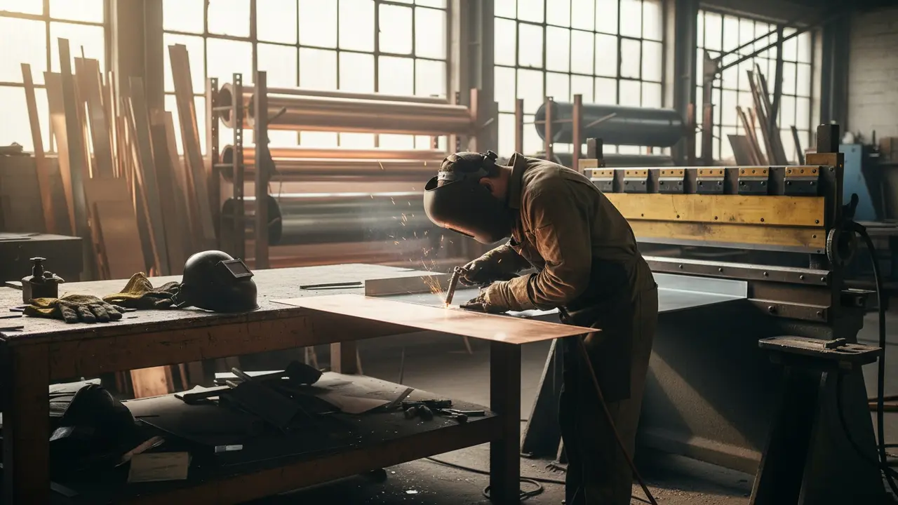 Værkstedsscene med lodning og bukning af metalplader til blikarbejde