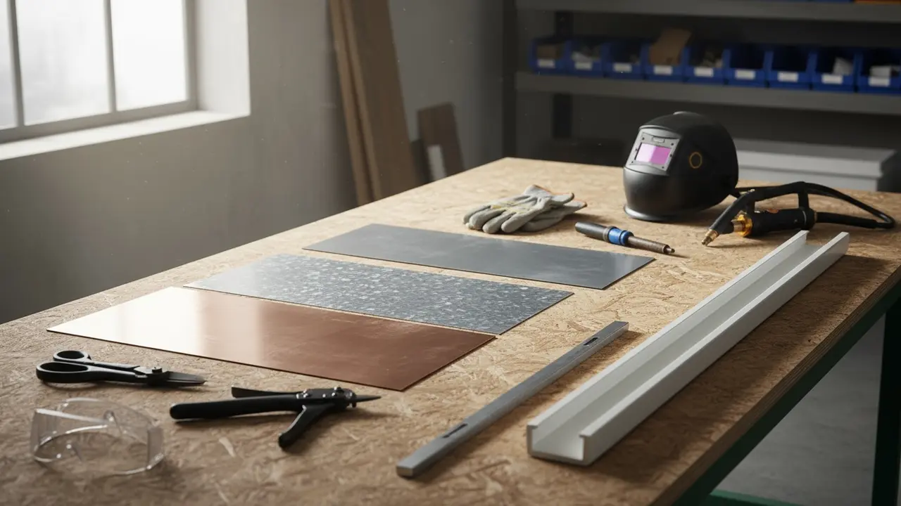 Arbejdsbænk med materialer og værktøj til blikarbejde lagt op