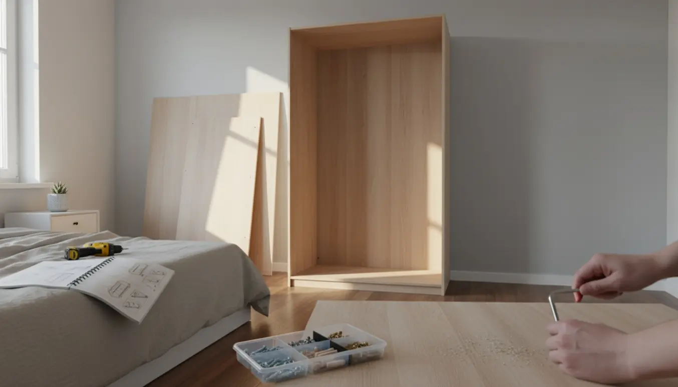 Hænder samler et fladtpakket garderobeskab i et lyst soveværelse med paneler og værktøj omkring.